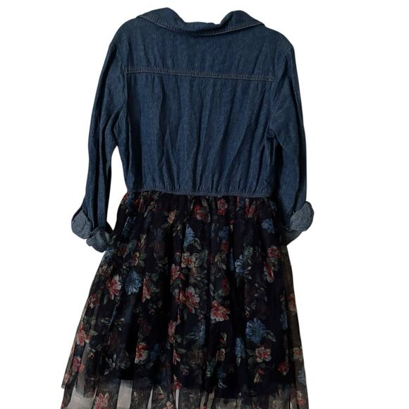Zunie Dress Girls 12 Blue Denim Floral roll sleeve collared prairie farm casual - Picture 6 of 9